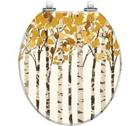 Decorative Round Toilet Seat Autumn Birch Trees with Yellow Brown Leaves Minimalist Resin Design Quiet Close Quick Release Hinges Easy to Clean Install