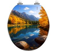 Decorative Round Toilet Seat Big Cottonwood Canyon Utah Autumn Trees Lake Quiet Close Quick Release Hinges Resin with Cover Bumpers Easy Install Clean