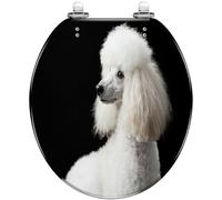 Decorative Round Toilet Seat, Black Resin White Royal Poodle Dog Portrait, Quick Release Quiet Close Hinges, Cover Bumpers, Easy Install & Clean