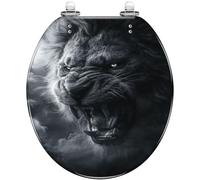 Decorative Round Toilet Seat Black White Lion Roaring Dark Stormy Clouds Resin Quiet Close Quick Release Hinges Cover Bumpers Easy Install Clean