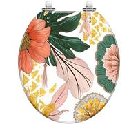 Decorative Round Toilet Seat Boho Floral Tropical Leaves Resin with Quiet Close Quick Release Hinges Easy to Clean & Install