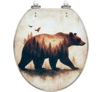 Decorative Round Toilet Seat Brown Vintage Forest Wildlife Grizzly Bear Cabin Rustic Resin Quick Release Quiet-Close Hinges Cover Bumpers Easy to Install & Clean