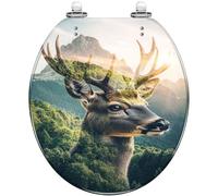 Decorative Round Toilet Seat Deer Forest Art Nature Unity Resin Quiet Close Quick Release Hinges with Cover Easy to Install