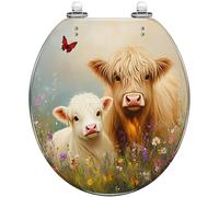 Decorative Round Toilet Seat Highland Cattle Resin Quiet-Close Quick Release Hinges Colorful Meadow Wildflowers Butterfly Cover Easy to Clean & Install