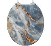 Decorative Round Toilet Seat Marble Texture Blue White Gold Veining Abstract Resin with Quietly Close Quick Release Hinges, Easy Clean & Install