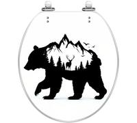 Decorative Round Toilet Seat Mountain Bear Deer Forest Pattern Resin with Quiet Close Quick Release Hinges Easy to Clean Install Cover