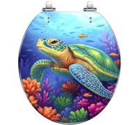 Decorative Round Toilet Seat Teal Coral Bubbles Underwater Sea Turtle Colorful Corals Illustrative Resin Quiet Close Quick Release Hinges Cover Bumpers Easy Install Clean