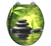 Decorative Round Toilet Seat with Cover, Quiet-Close Quick-Release Hinges, Bamboo Resin Zen Basalt Stones, Easy to Install Clean