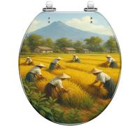 Decorative Round Toilet Seat with Quiet Close Quick Release Hinges Bumpers Easy to Install Clean Resin Canvas Harvest Harmony Rice Field Farmer Art