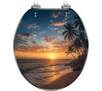 Decorative Round Toilet Seat with Sunrise Tropical Island Palm Trees Sandy Beach Pattern, Resin, Quiet Close, Quick Release Hinges, Bumpers, Easy to Install Clean