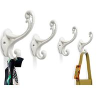 Decorative Rustic Wall Hooks - Shabby Chic Set of 4 Wall Mounted Hooks for Coats, Bags, Towels and More - Vintage Hooks for Farmhouse Décor - Sturdy, Cast Iron Hooks in Powder Coat White Color