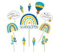 Decorative School Boy 2026 Cake Decoration Rainbow, Pack of 12 School Child Decoration Cupcake & Muffin Topper with Abc 123 & Hot Air Balloon, Cake Decoration for Back to School Party & Gift (Blue)