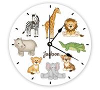Decorative Silent No Ticking Wall Clock Safari Jungle Animals with Personalized Name for Kids,girl,boy Round Modern Wooden Clocks for Bedroom Living Room Home Office School Wall Art Decor, 30 X 30 CM
