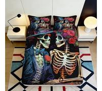 Decorative Skeleton Couple Fitted Sheet 3D Printed Microfiber soft touch apartment bedding, wrinkle resistant bed cover for home bedroom guest room 160x200x25cm