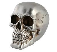 Decorative Skull Money Box with Lock, Gold, Silver and Bronze Metallic Designs, Polyresin, 16 x 13 cm (Matte Silver)