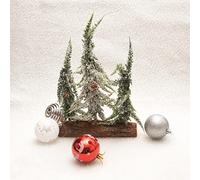 Decorative Snow Topped Mini Christmas Tree Display on Log - 3 Trees of Varying Heights