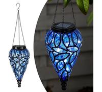 Decorative Solar Hanging Lantern - Handblown Plastic Teardrop Lantern Light - 15 LED Lights for Outdoor, Patio, Yard, Pathway Garden - Solar Powered Weather Resistant (Blue)