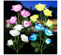 Decorative Solar Lights for Outdoor Use - 4 Pack with 16 Waterproof White, Yellow, Pink and Blue Rose Flowers.