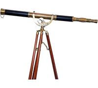 Decorative Telescope Floor Standing Brass Telescope Adjustable Teak Wood Tripod Antique Leather- Harbor Master