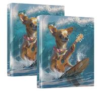 Decorative Three Ring Binder 1.5 Inch Binders 3 Ring with 3 Interior Pockets Basic Binder Notebook for School Office Home Chihuahua Dog Surfing, 2 Pack
