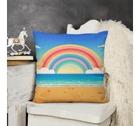 Decorative Throw Pillow Cover 16x16 Cartoon Rainbow Beach Outdoor Pillow Covers Plush Cushion Cover for Sofa Bed Couch Living Room Boho Farmhouse Pillows Protector with Hidden Zipper