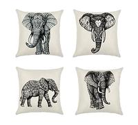 Decorative Throw Pillow Covers Printed Cotton Linen Cushion Cover 18 x 18 Inch Zippered Pillowcases 45 x 45 cm for Couch Sofa Bed Chair Home Decor, Set of 4 (Elephant)
