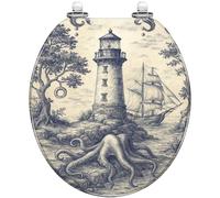 Decorative Toilet Seat Resin Round Blue Deep Sea Lighthouse Sailing Ship Octopus Tentacles Tree Quiet Close Quick Release Hinges Cover Bumpers Easy Install Clean