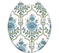 Decorative Toilet Seat Round Blue Floral Green Leaves Ornate White Resin Quiet Close Quick Release Hinges Easy to Install Clean with Cover Bumpers