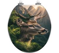Decorative Toilet Seat Round Natural Harmony Deer Forest Mountain Art Print Resin Quiet Close Quick Release Hinges Easy Install
