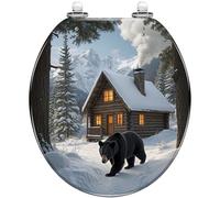 Decorative Toilet Seat Round Quiet Close Quick Release, Black Bear Walking Snowy Forest Cozy Cabin Winter Landscape Resin Cover, Easy to Clean