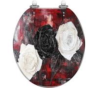 Decorative Toilet Seat Round Resin & Canvas Floral Art Layered with Black Roses White Carnations Red Quiet Close Quick Release Hinges Cover Bumpers Easy to Install Clean