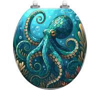 Decorative Toilet Seat Teal Blue Ocean Octopus Coral Reefs Resin Quiet Close Quick Release Hinges Cover Bumpers Easy Install Clean