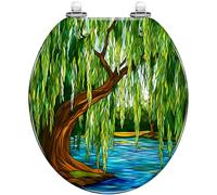 Decorative Toilet Seat Willow Tree Stained Glass Style Green Blue Resin Quiet Close Quick Release Hinges Easy Clean Install