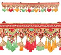 Decorative Toran Door Hanging Artificial Velvet Cloth Bandanwar Beads Leaf Design Wall Entrance Window Home Temple for Christmas New year Decorations Festival decoration Gifts(Size:-35"X7")(Red)