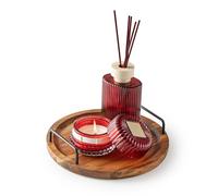 Decorative Tray Wooden Tray Round Wooden Serving Tray with Handle - Round Decorative Tray Made of Solid Acacia Wood for Kitchen, Coffee Table & Living Room Vintage Candle Tray Butler Farmhouse