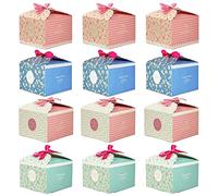 Decorative Treats Boxes, 12 Pcs 4 Colors Gift Boxes with Ribbon, Cupcake Boxes Packaging, Floral Gift Boxes, Scalloped Gift Box for Christmas, Birthdays, Holidays, Weddings, Christmas, Thanksgiving