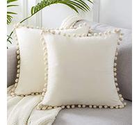 Decorative Velvet Throw Pillow Covers with Pom Poms, Pack of 2 Set Farmhouse Cushion Cover 30x50 cm Bohemian Pillow Cases for Sofa Couch Lumbar Bed Pillows Outdoor (No Insert) - Ivory