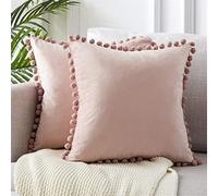 Decorative Velvet Throw Pillow Covers with Pom Poms, Pack of 2 Set Farmhouse Cushion Cover 65x65 cm Bohemian Pillow Cases for Sofa Couch Lumbar Bed Pillows Outdoor (No Insert) - Light Pink