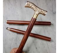 Decorative Walking Cane with Brass Handle, Victorian Floral Design, Wooden Shaft, 3-Piece Collapsible