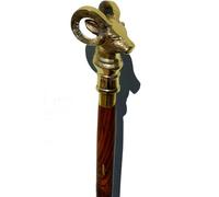 Decorative Walking Cane with Brass Ram Head Handle, Brown Wooden Shaft, Heavy Duty Support Stick