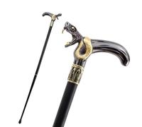 Decorative Walking Cane with Cobra Snake Handle, Black Shaft, Gold and Silver Accents, Gothic Design