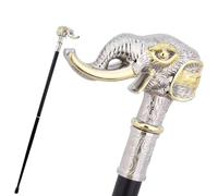 Decorative Walking Cane with Elephant Handle, Silver and Gold Tone, Black Shaft, Ornate Design