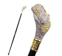 Decorative Walking Cane with Hippo Head Handle, Silver and Gold Finish, Black Shaft, Ornate Design