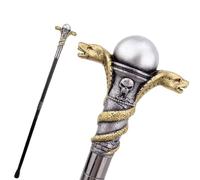Decorative Walking Cane with Snake and Skull Design, Silver and Gold Finish, Black Shaft