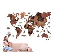 Decorative Wall Art Map - 3D Wooden World States, Capitals School Decor | Large Scale Cut Wood Stunning Centerpiece, Double Sided Tape Easy No Drill Wall Mounting with Detailed Engraved Country