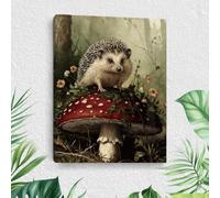 Decorative Wall Canvas, Vintage Hedgehog Design, Wild Mushroom Retro Design, Hedgehog, Framed Artistic Wall Painting for Wall Decoration, Aesthetic Farmhouse Prints for Bathroom, Kitchen