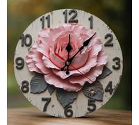 Decorative Wall Clocks Battery Operated - 10 Inch Modern Wooden Elegant Pink Rose 2D Print Non Ticking Silent Wall Clocks for Living Room Office Bedroom Kitchen Hotel Bathroom Decor