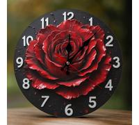 Decorative Wall Clocks Battery Operated - 10 Inch Modern Wooden Gothic Red Rose 2D Print Non Ticking Silent Wall Clocks for Living Room Office Bedroom Kitchen Hotel Bathroom Decor