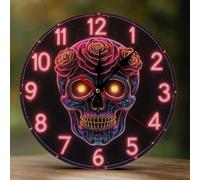 Decorative Wall Clocks Battery Operated - 10 Inch Modern Wooden Neon Skull with Rose Eyes 2D Print Non Ticking Silent Wall Clocks for Living Room Office Bedroom Kitchen Hotel Bathroom Decor