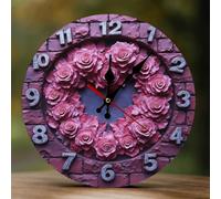 Decorative Wall Clocks Battery Operated - 10 Inch Modern Wooden Pink Rose Wreath 2D Print Non Ticking Silent Wall Clocks for Living Room Office Bedroom Kitchen Hotel Bathroom Decor